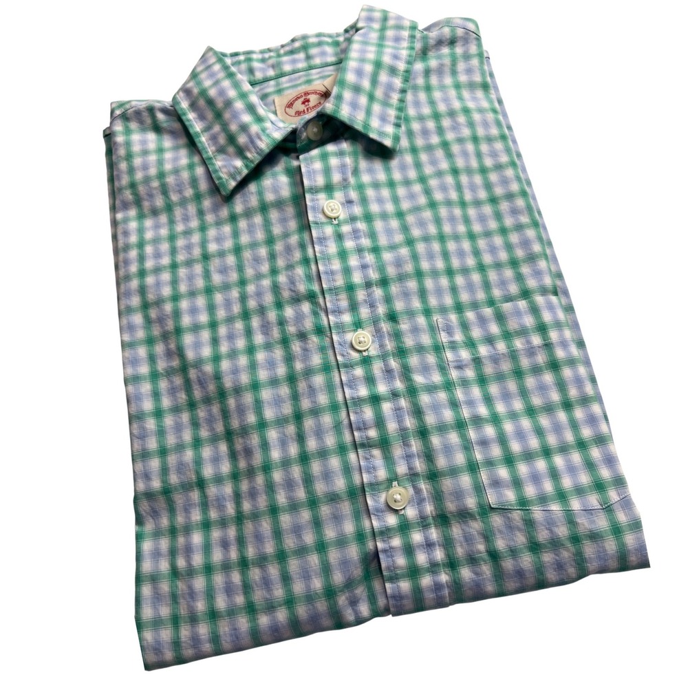 Brooks Brothers Button Down Shirt Mens Large Green Gingham Plaid Red‎ Fleece B37